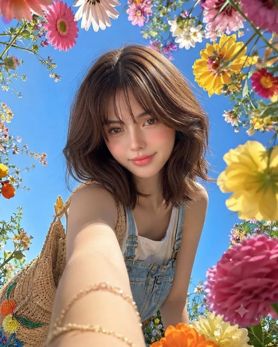 เซลฟี่สาวสวยในสวนดอกไม้ แสงแดดสดใส 1