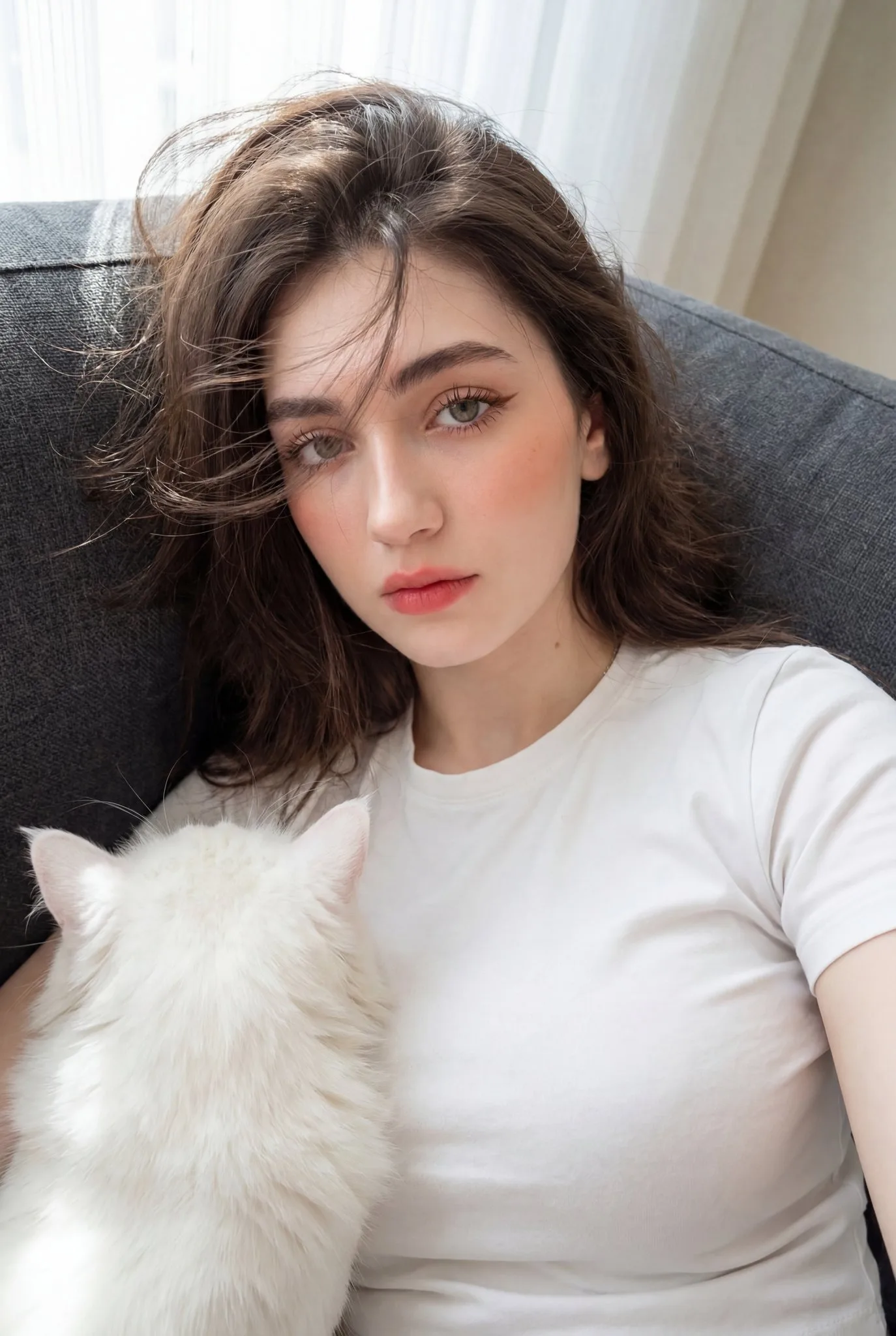 สาวหวานถ่ายเซลฟี่กับแมวแสนรักในห้องอันอบอุ่น 1