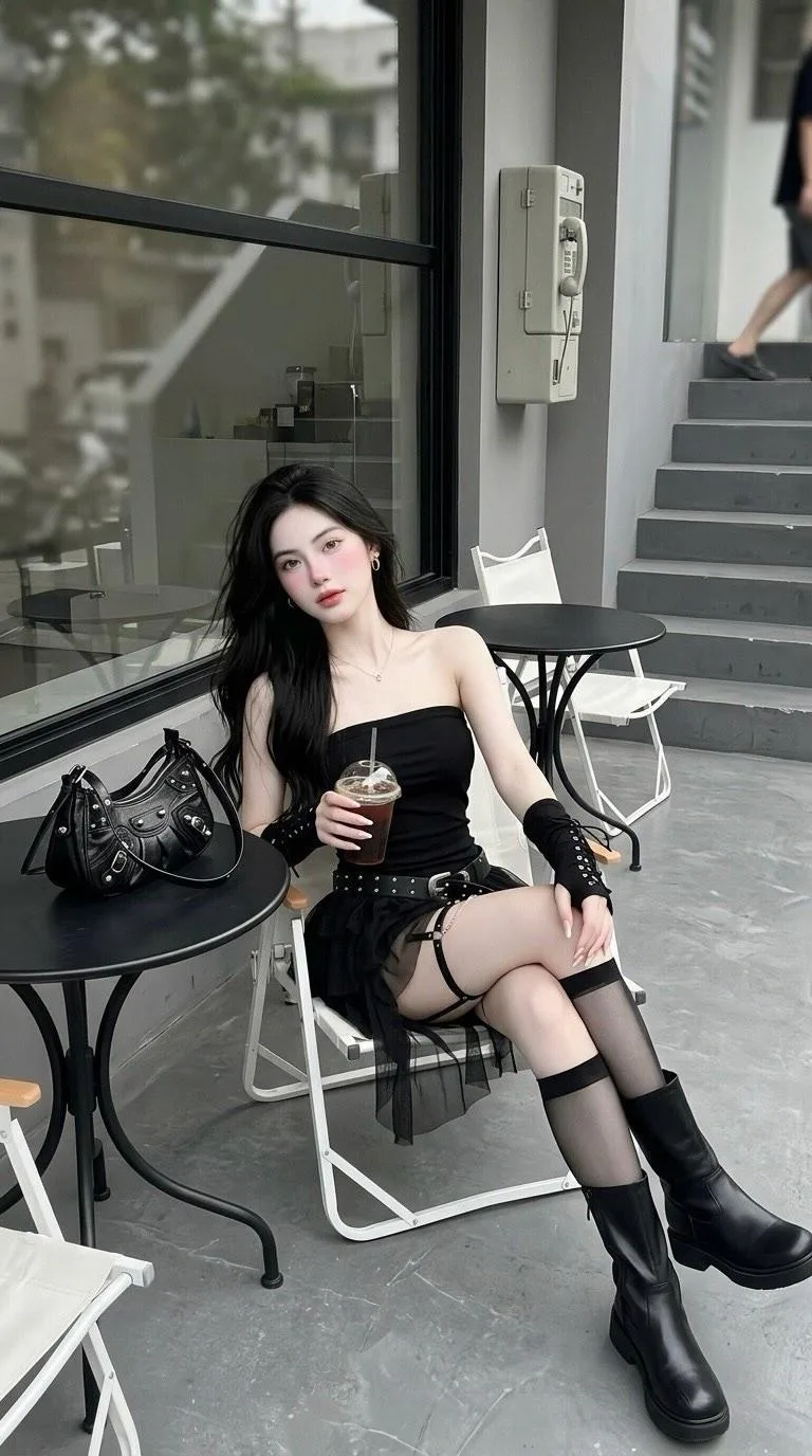 สาวชุดดำกับกาแฟในคาเฟ่มินิมอลสไตล์สตรีท 1