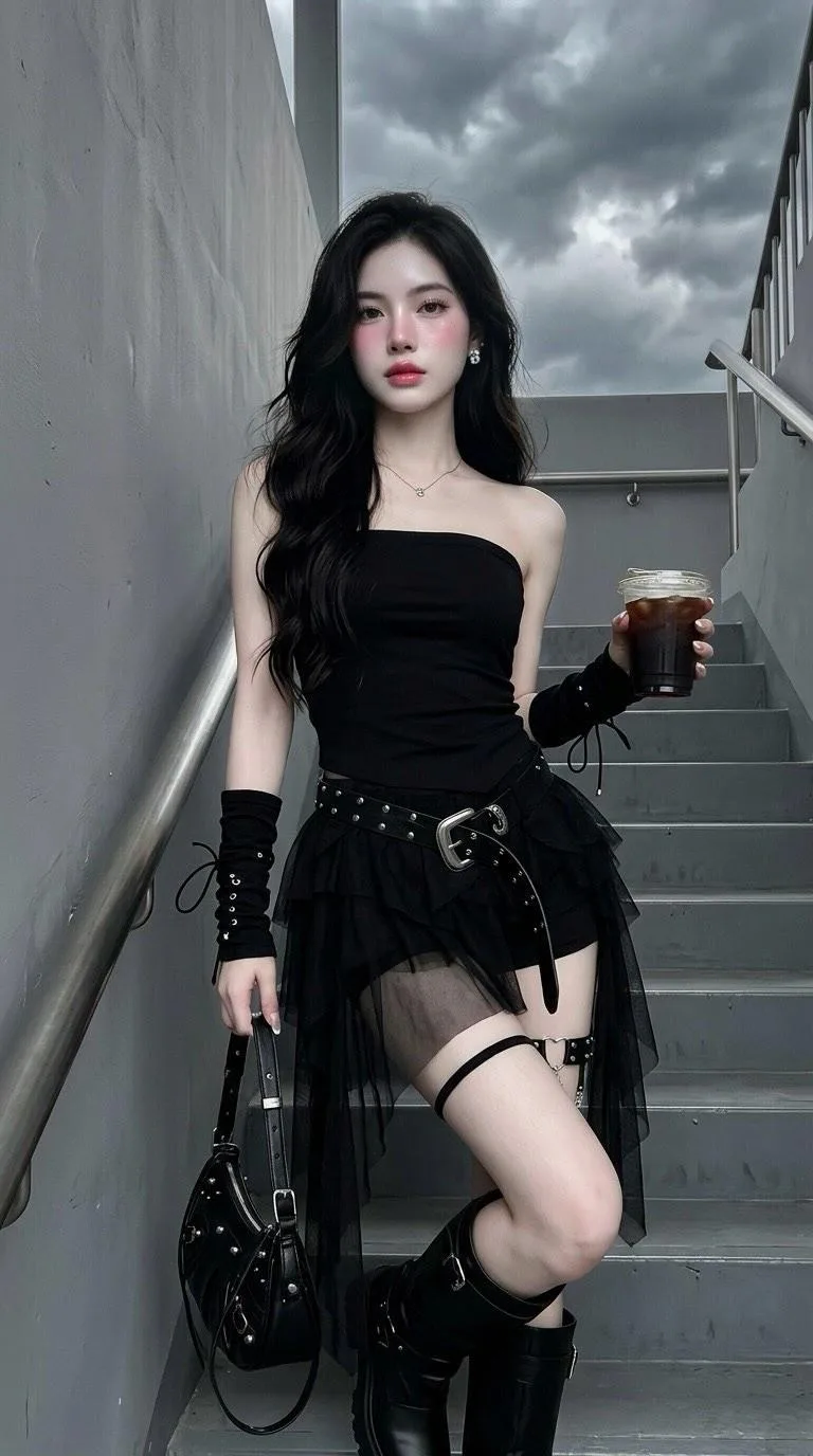 สาวชุดดำกับกาแฟในคาเฟ่มินิมอลสไตล์สตรีท 2