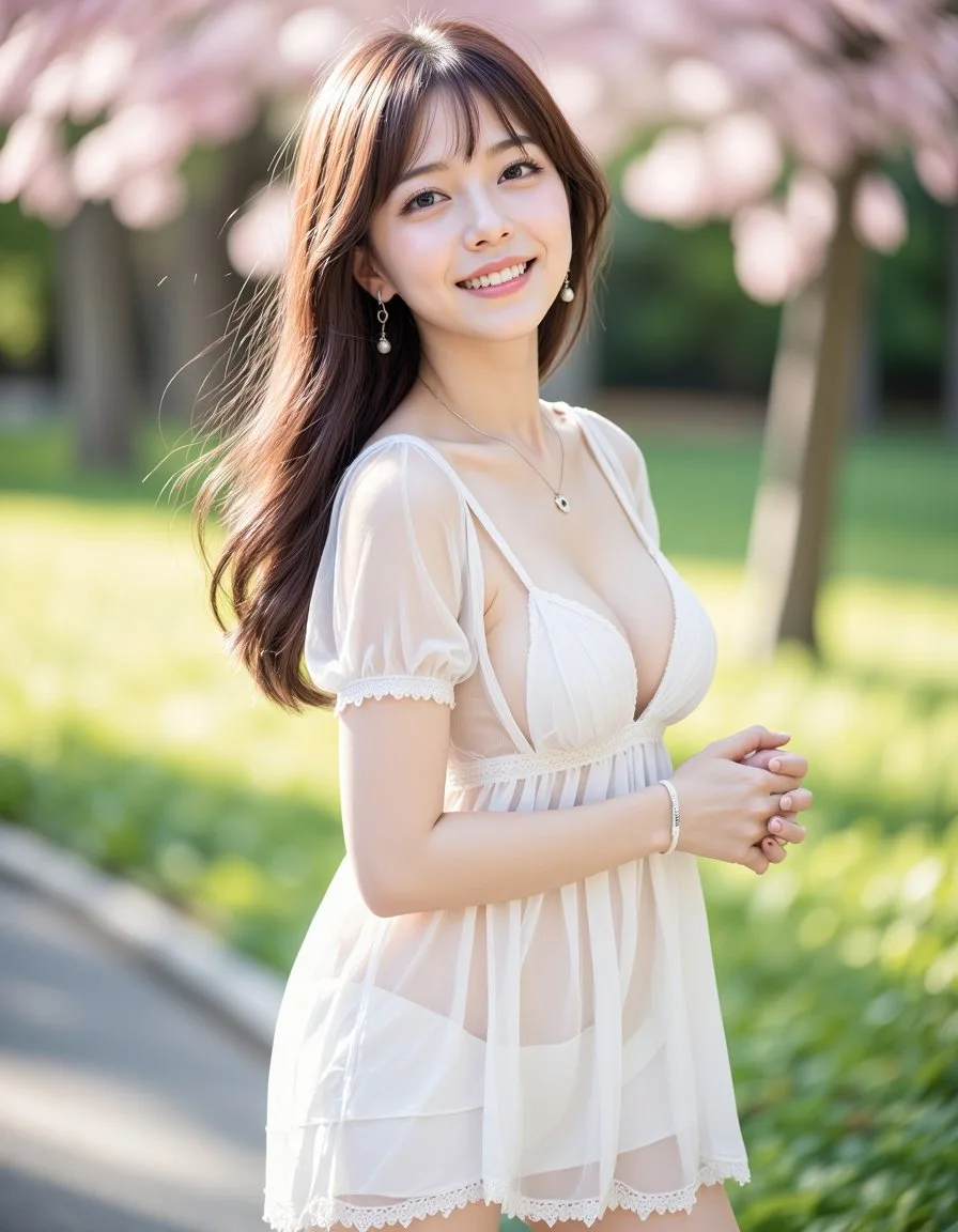 สาวชุดเดรสสั้นลายดอกไม้ขาว ในสวนฤดูใบไม้ผลิ 2