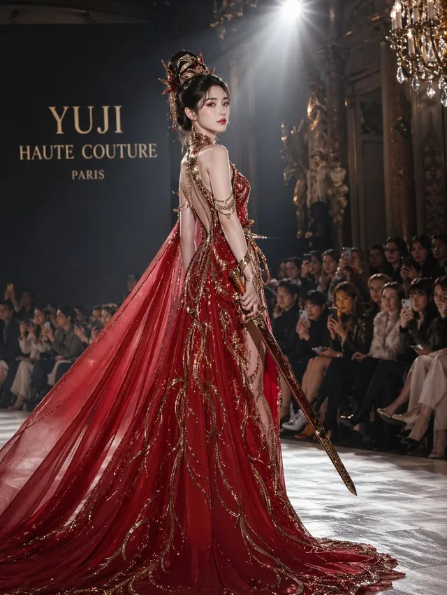 อวี้จีในชุดราตรีแดงหรู กลางแฟชั่นโชว์ปารีส