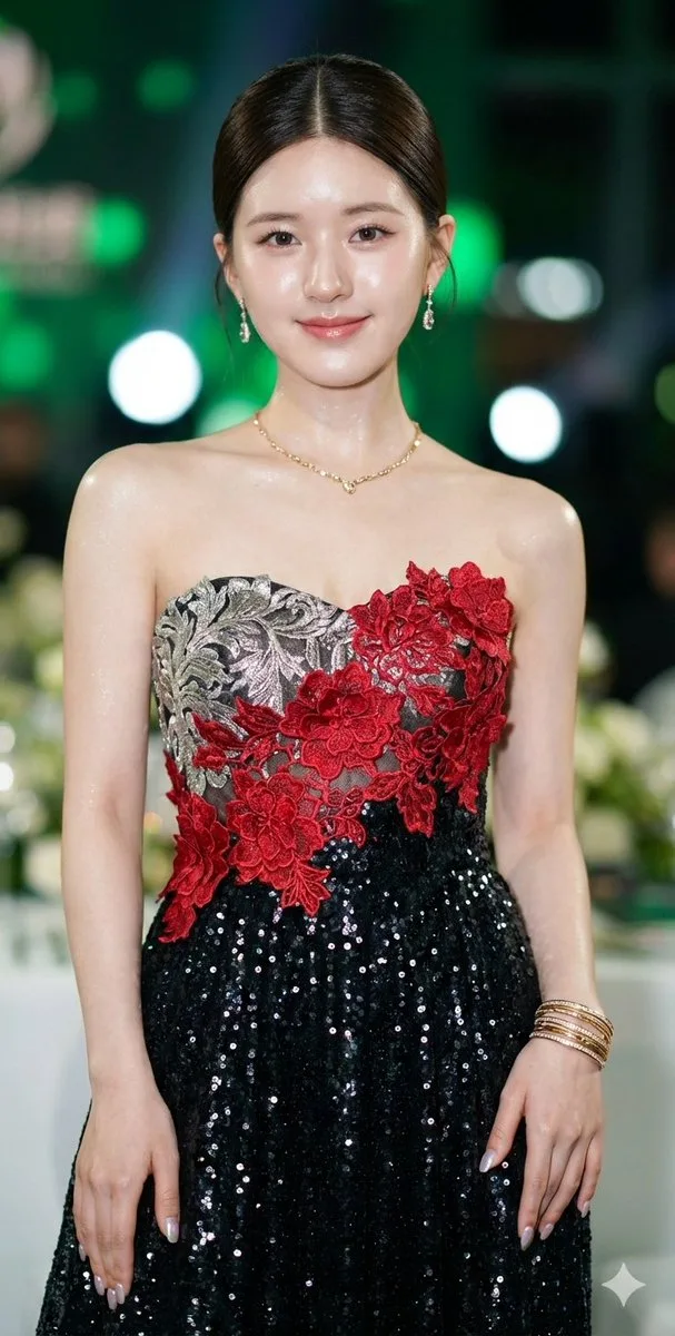 จ้าวลู่ซือในชุดราตรีแดงดำสุดสง่า